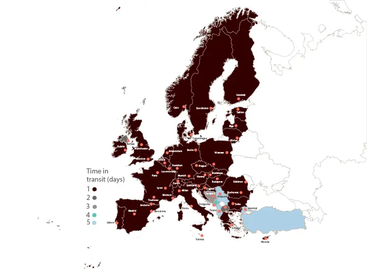 UPS Express Delivery Times Across Europe UPS Express delivery times map across Europe showing estimated shipping durations by country